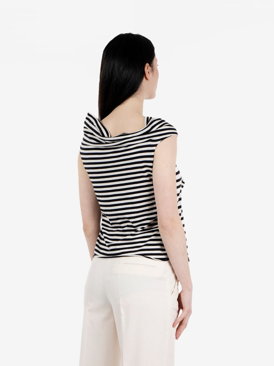 T-shirt a righe con rouches ecrù / nero