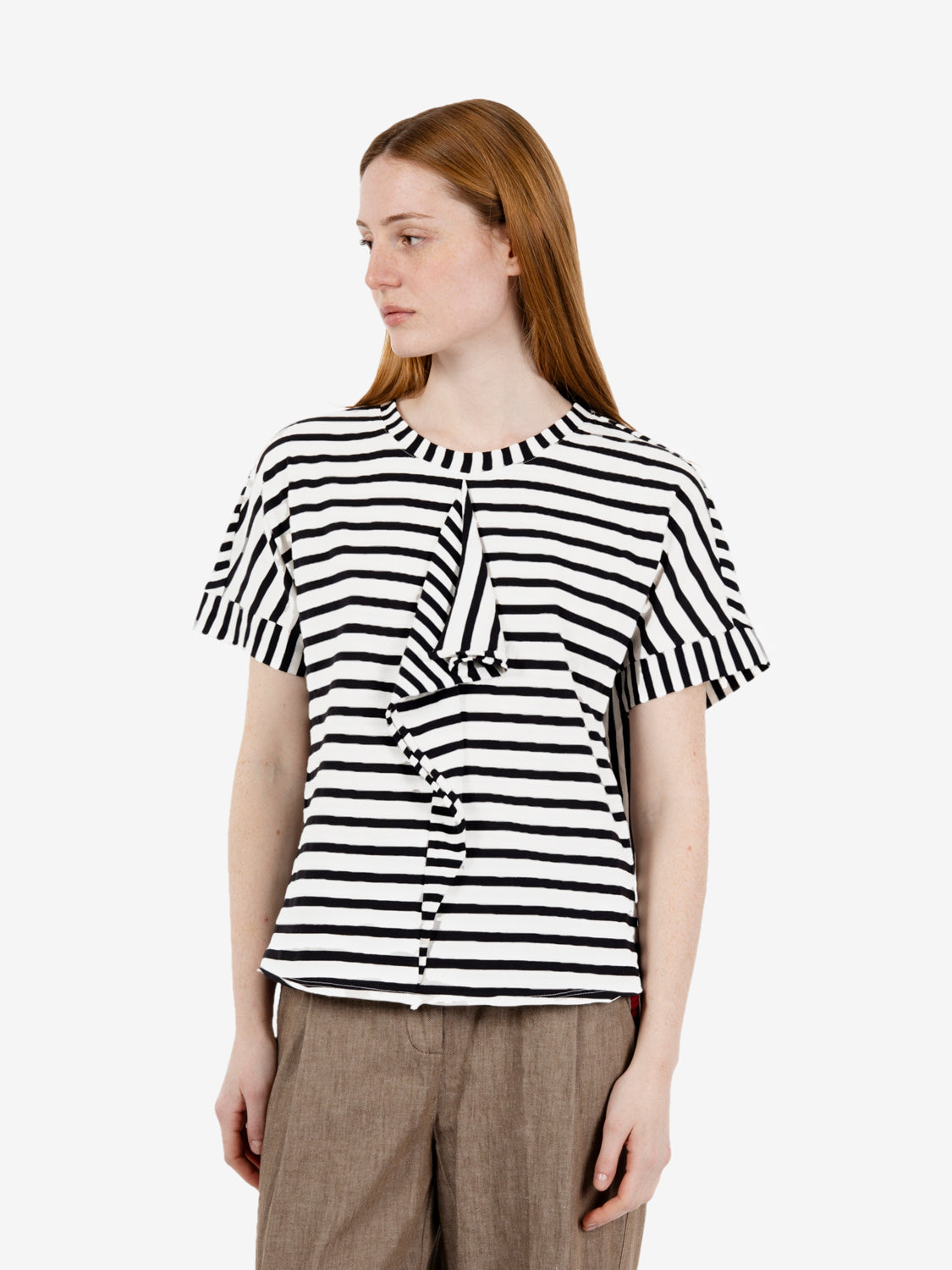 T-shirt a righe manica corta con rouches ecrù / nero