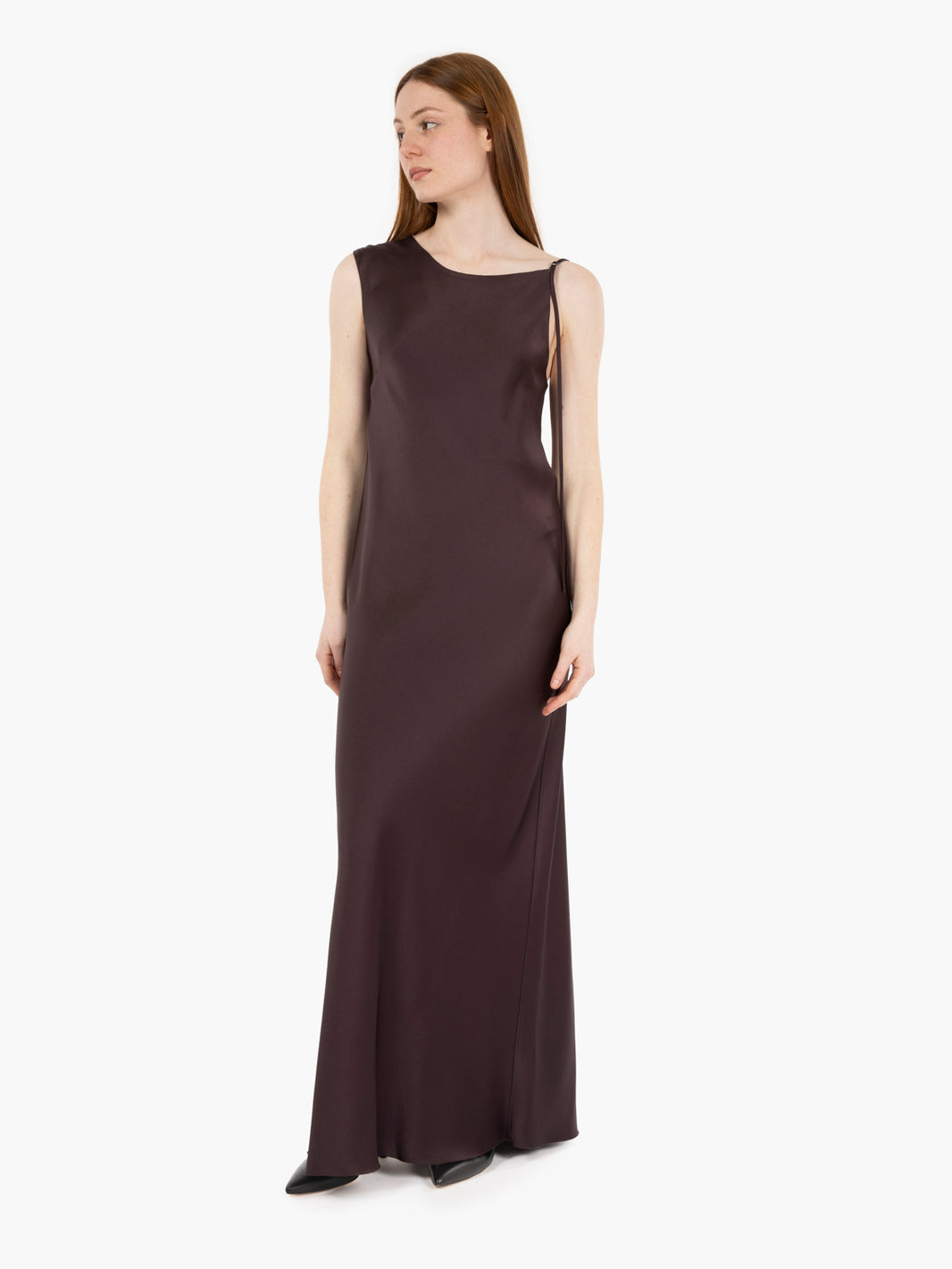 Asymmetrical aubergine liquid satin dress