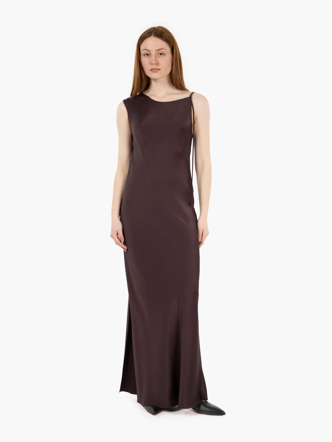 Asymmetrical aubergine liquid satin dress