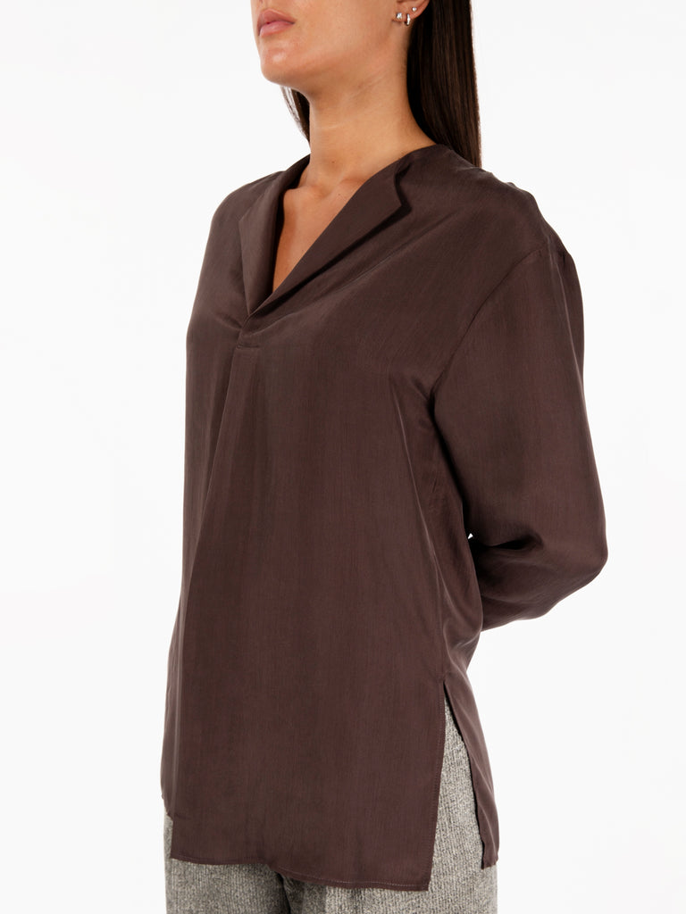 ALYSI - Blusa Habutay enzim con piega choco