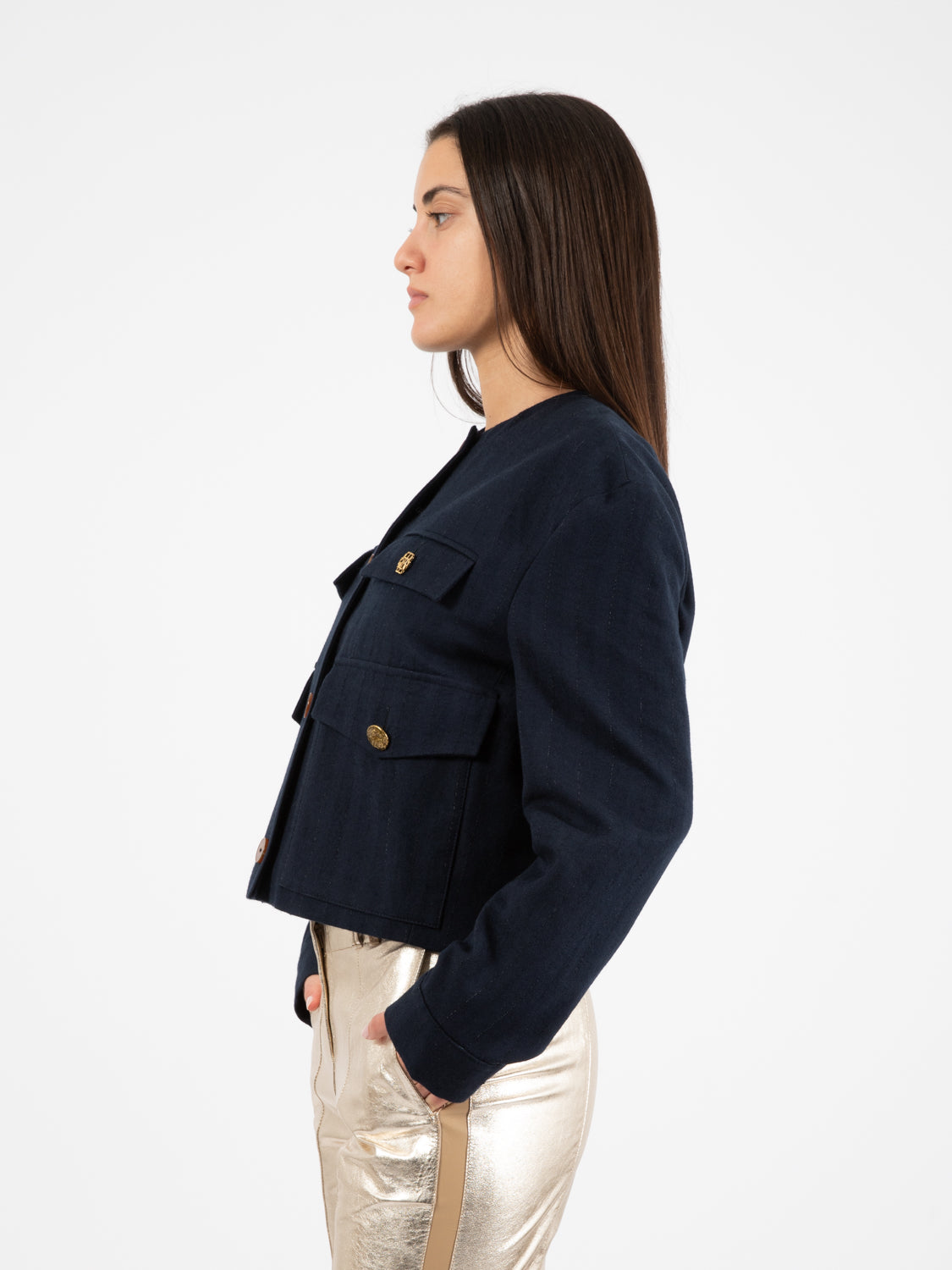 Caban girocollo gessato navy