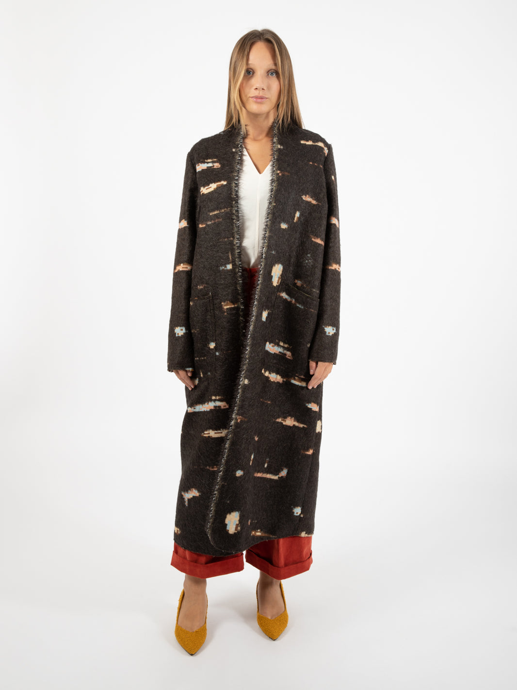 Cappotto lungo mohair jacquard ebano