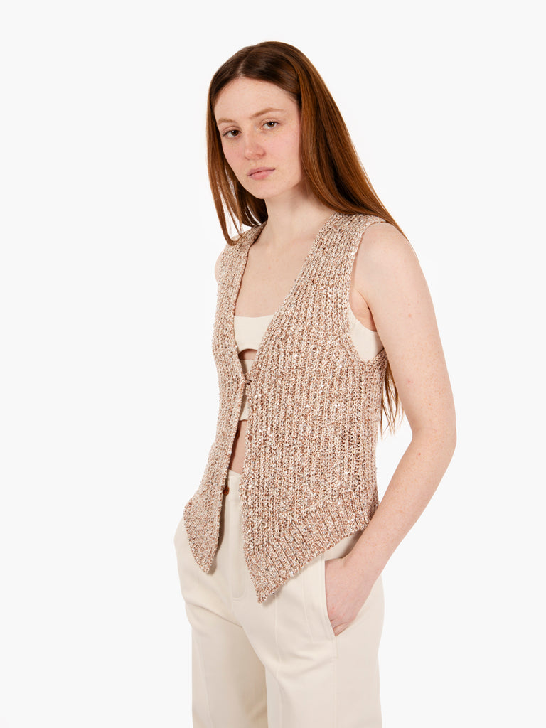 ALYSI - Gilet tricot con pailletes noce