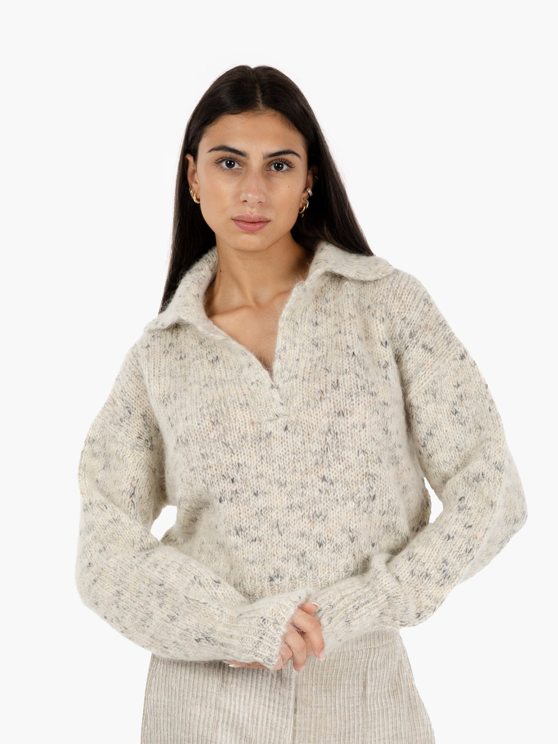 Soft tricot polo sweater in butter
