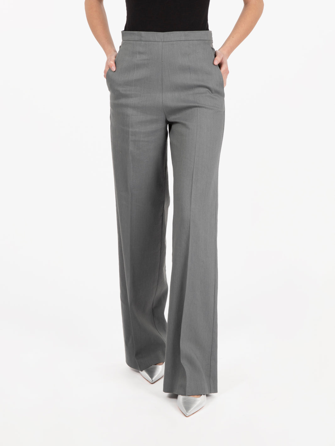 Pantalone ampio in lino stretch fumo