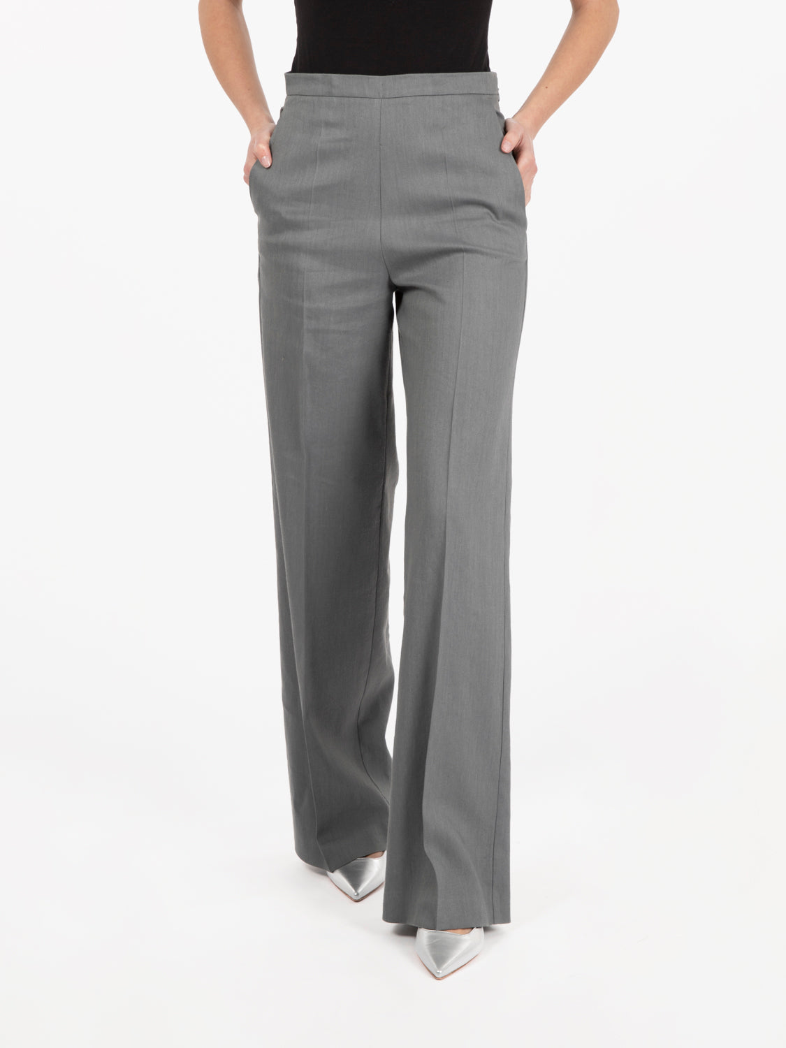 Pantalone ampio in lino stretch fumo