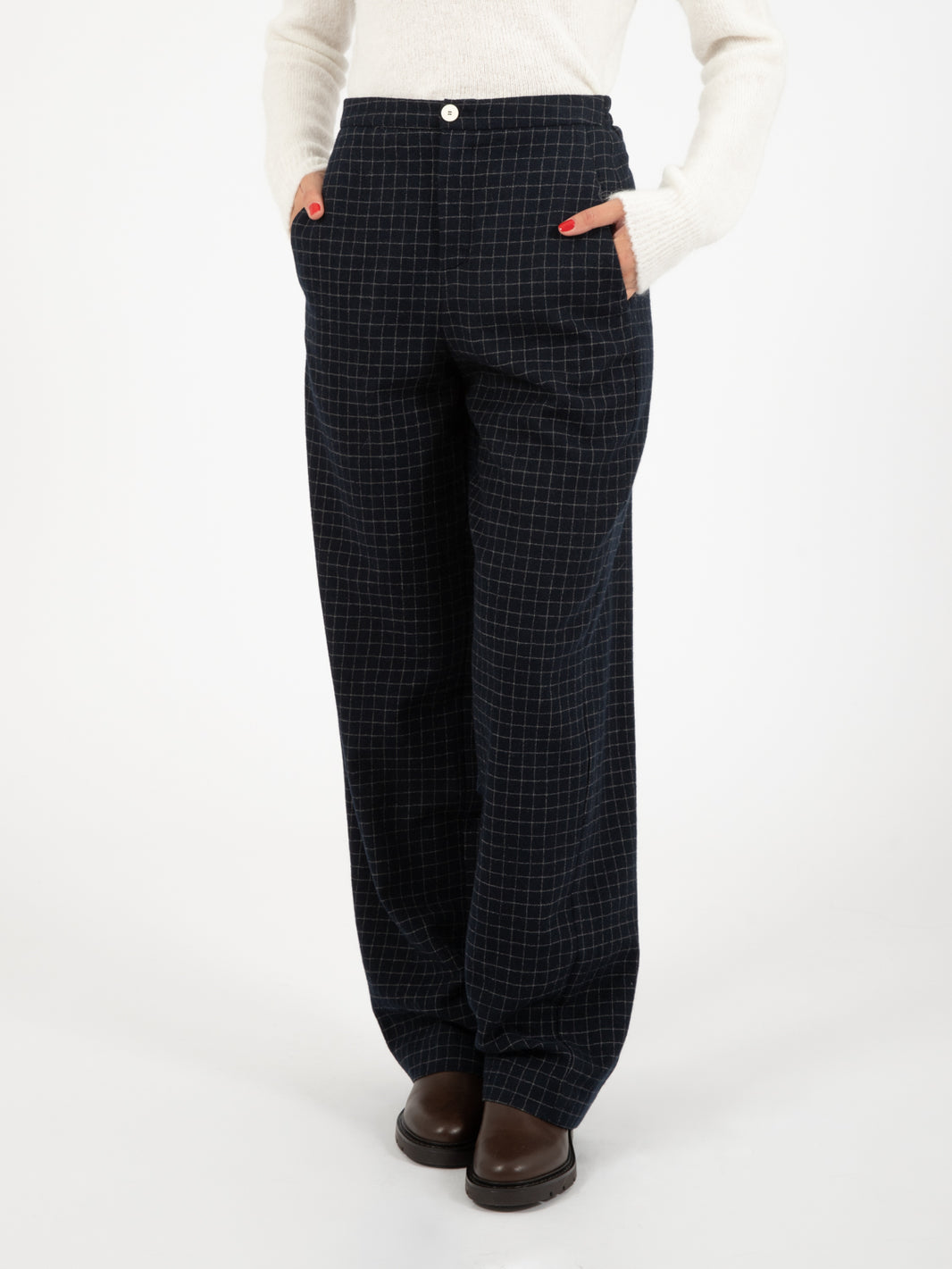 Pantalone in lana check inchiostro