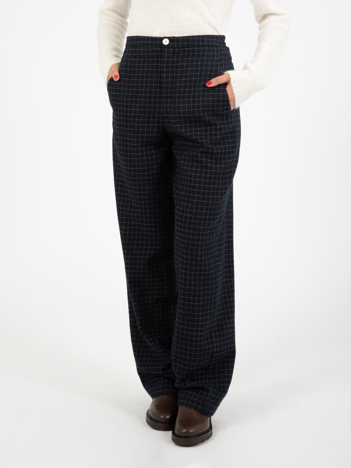 Pantalone in lana check inchiostro