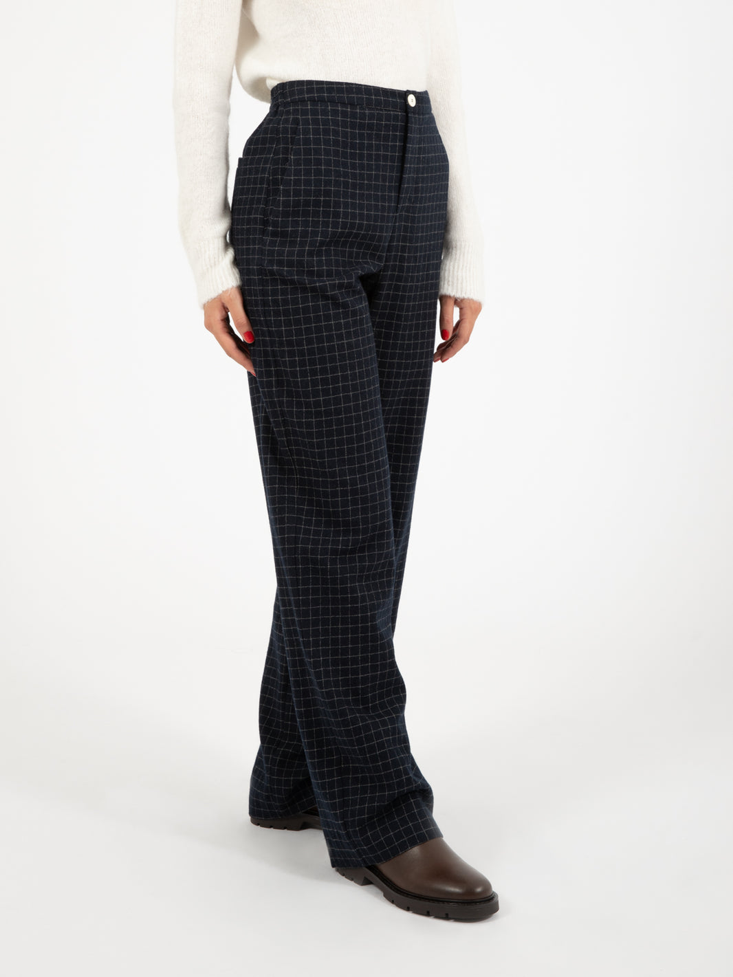 Pantalone in lana check inchiostro