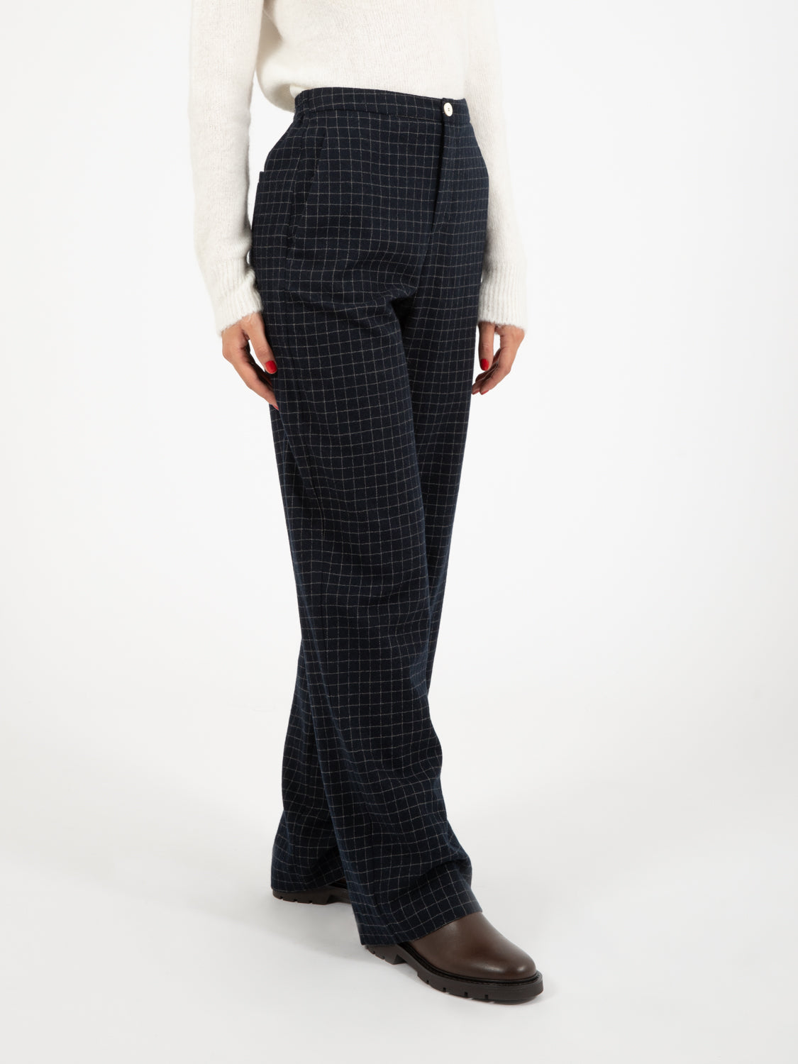 Pantalone in lana check inchiostro