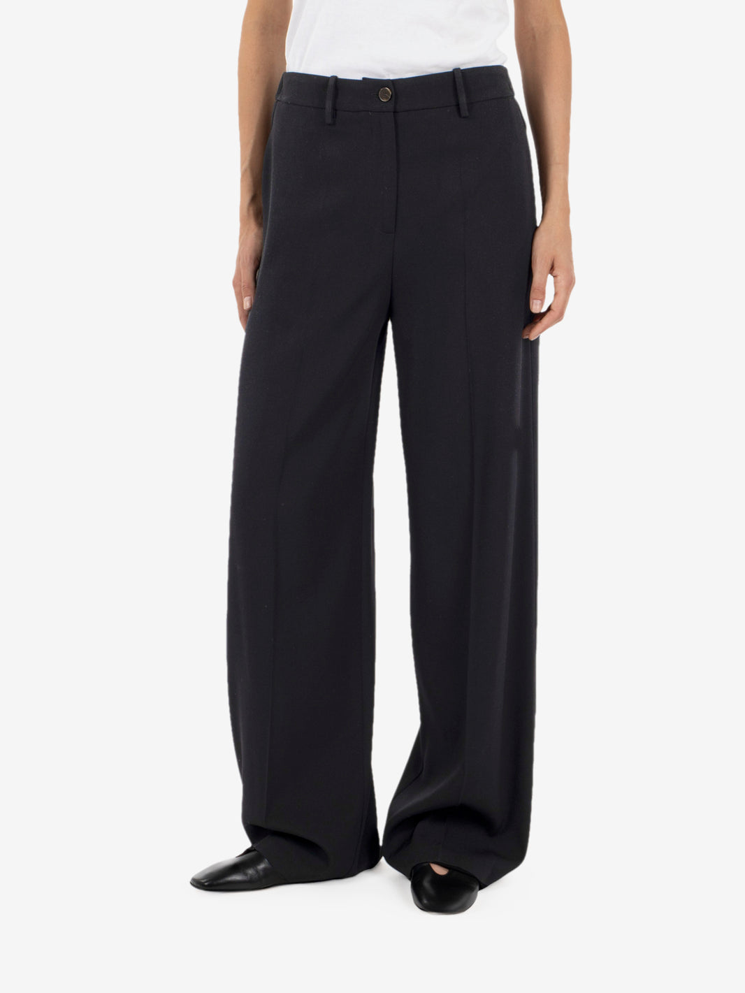 Black straight-leg wool trousers