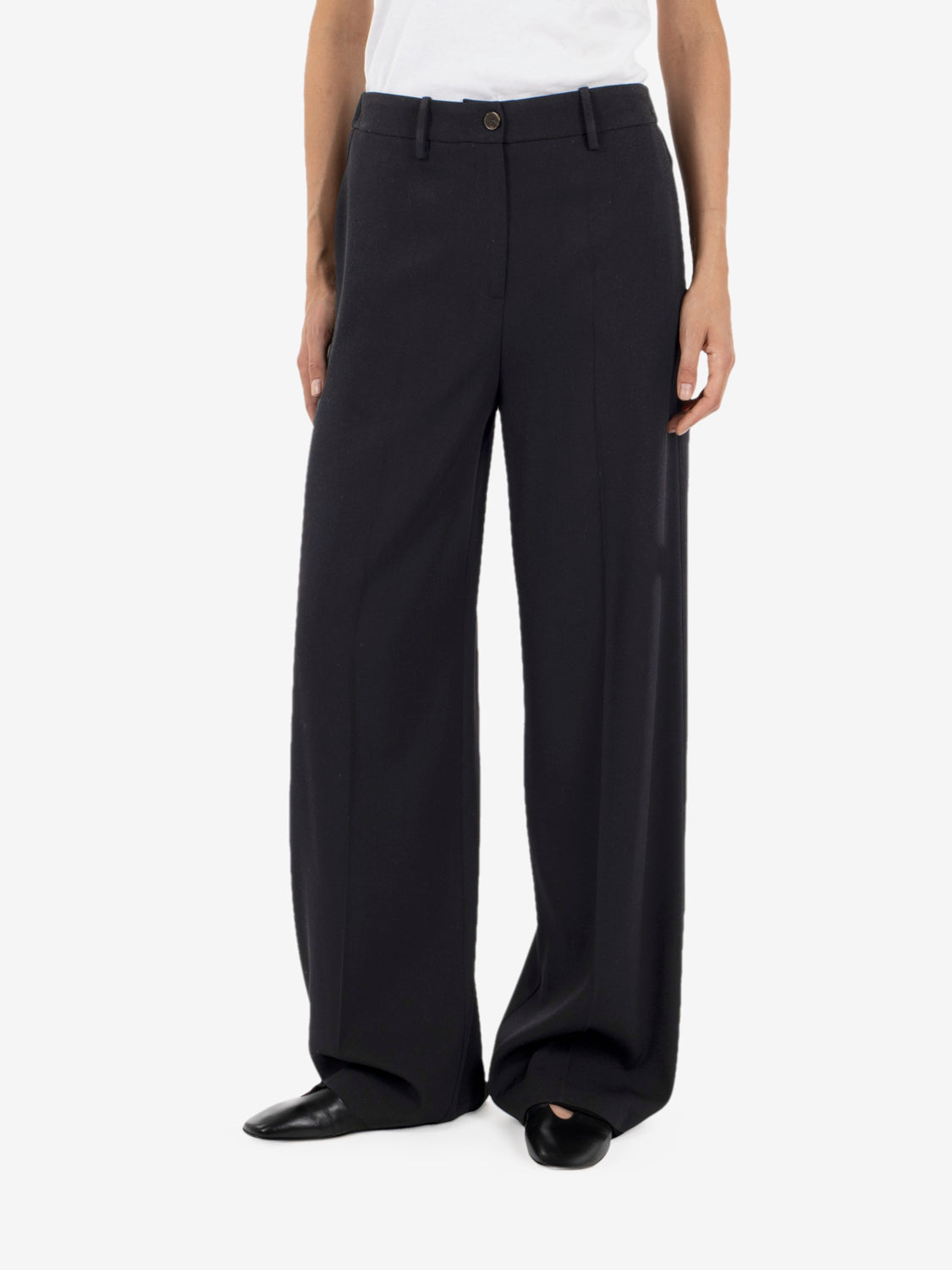 Black straight-leg wool trousers