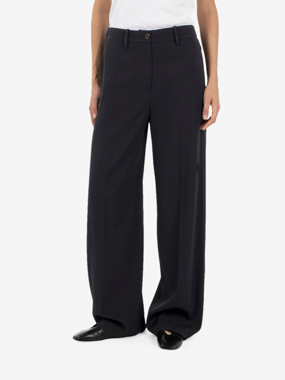 Black straight-leg wool trousers