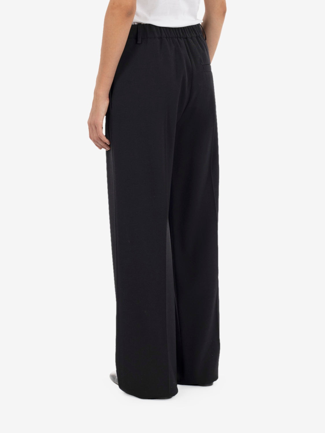 Black straight-leg wool trousers
