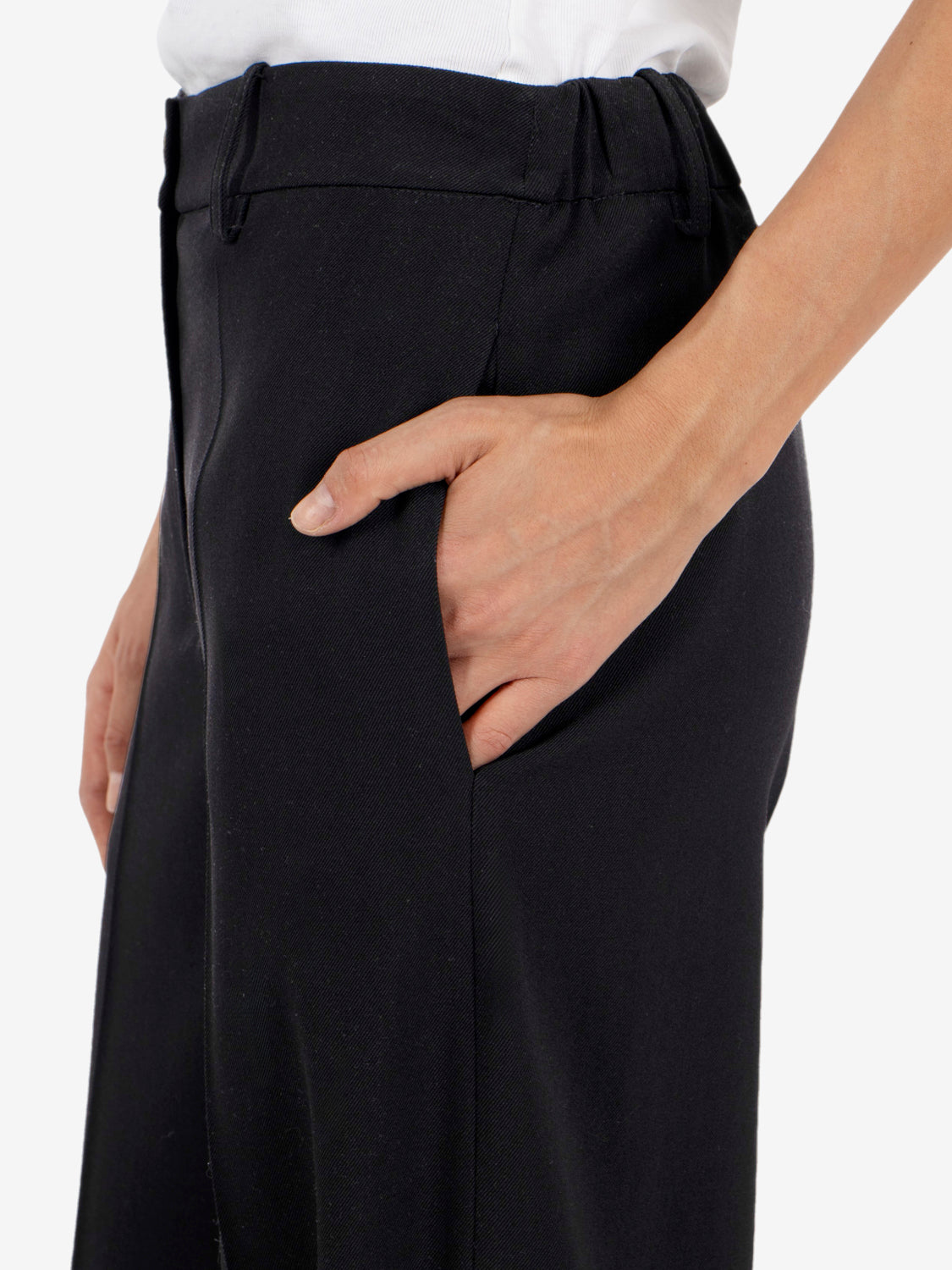 Black straight-leg wool trousers