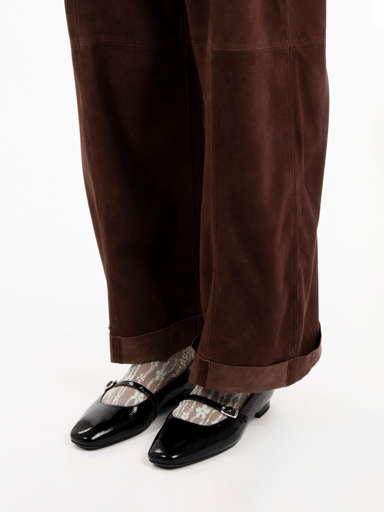 ALYSI - Pantaloni in suede con risvolto choco