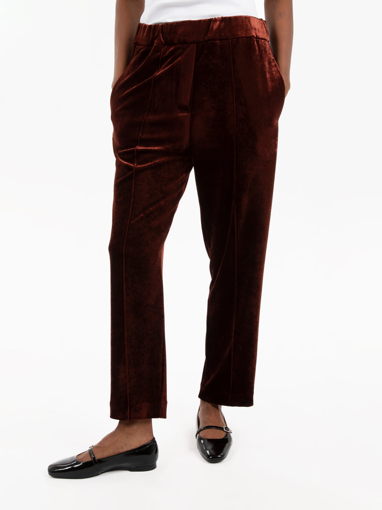 ALYSI - Pantaloni velvet con vita elastica choco