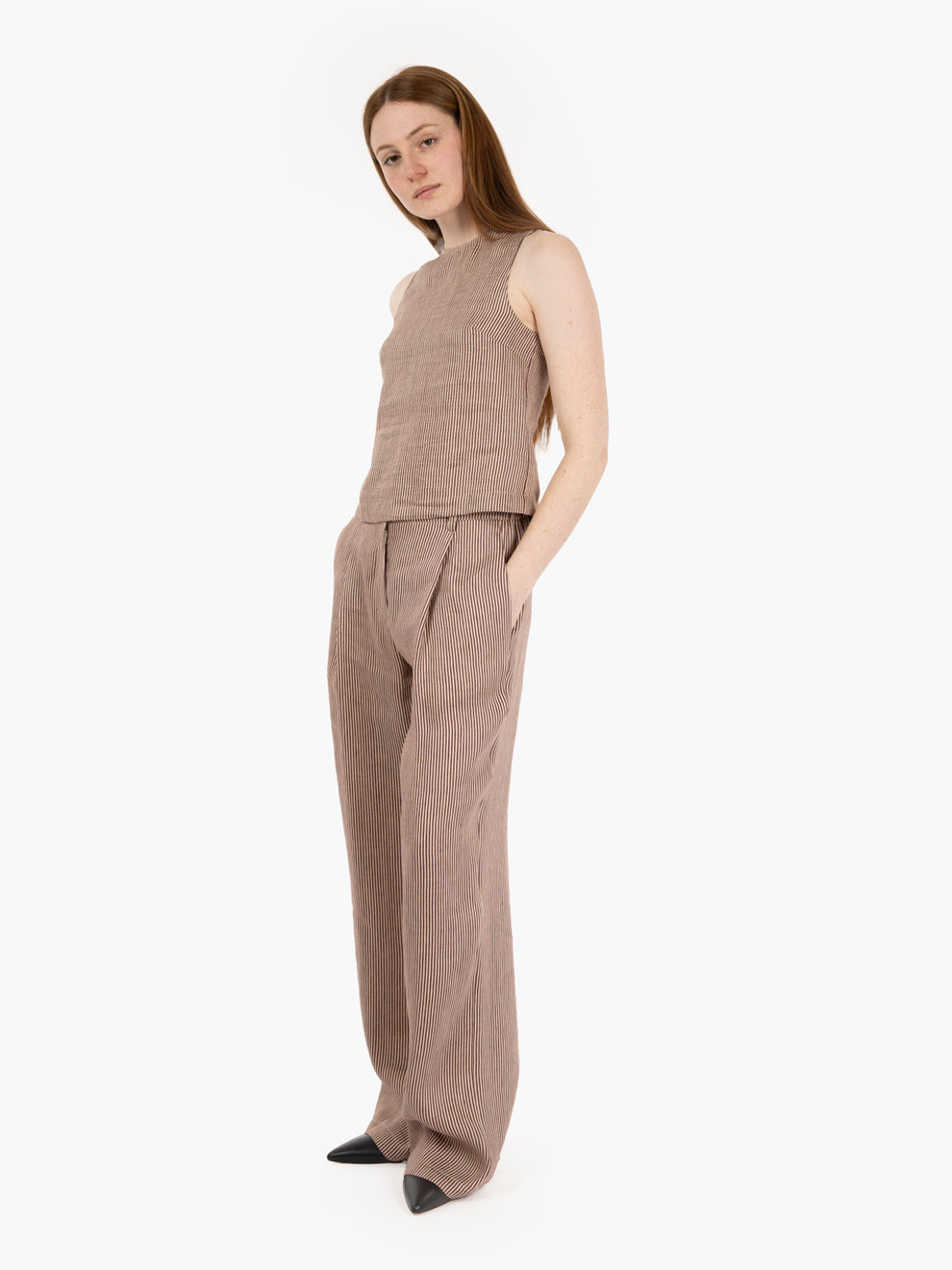 Top smanicato in lino micro stipes barolo