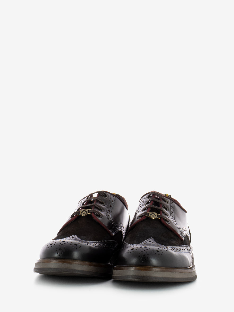 Derby brown in suede e pelle con dettagli a coda di rondine