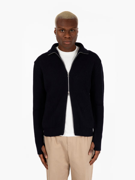 Maglione full zip a coste navy blue