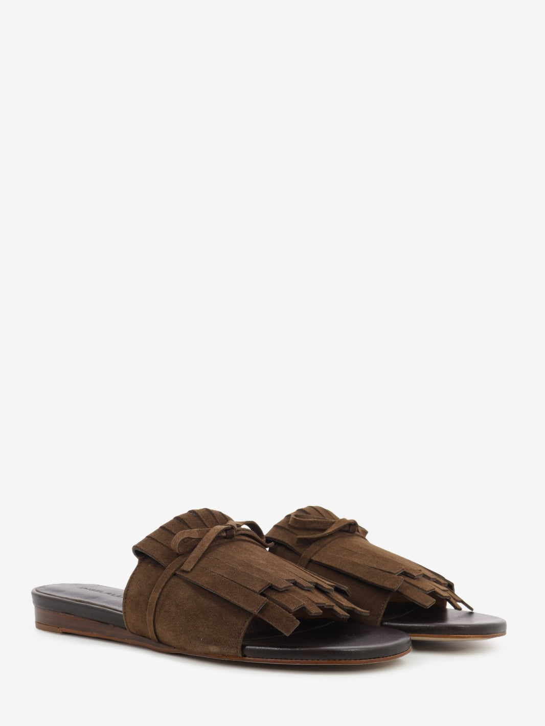 Dark brown suede fringed mules