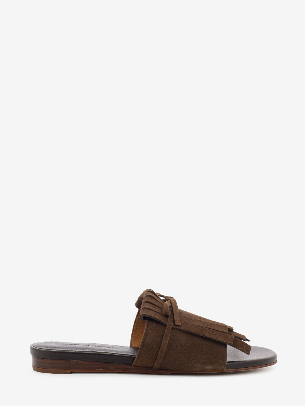 Dark brown suede fringed mules