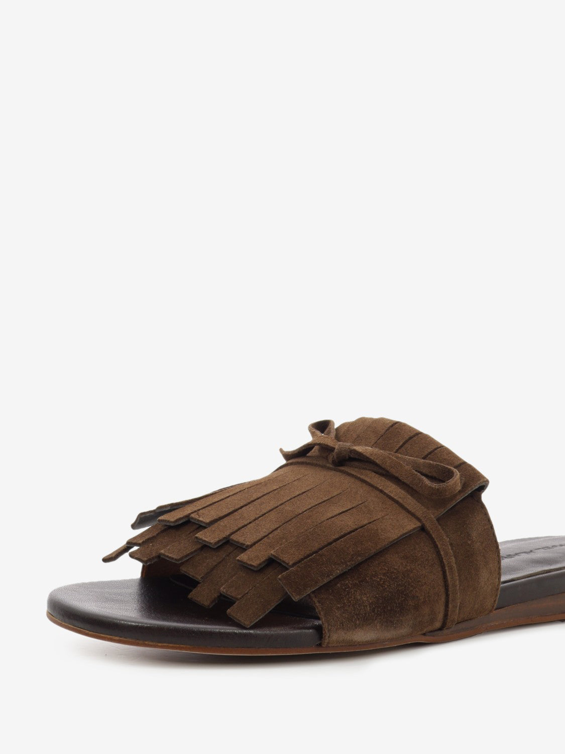 Ciabatta con frange in suede testa di moro