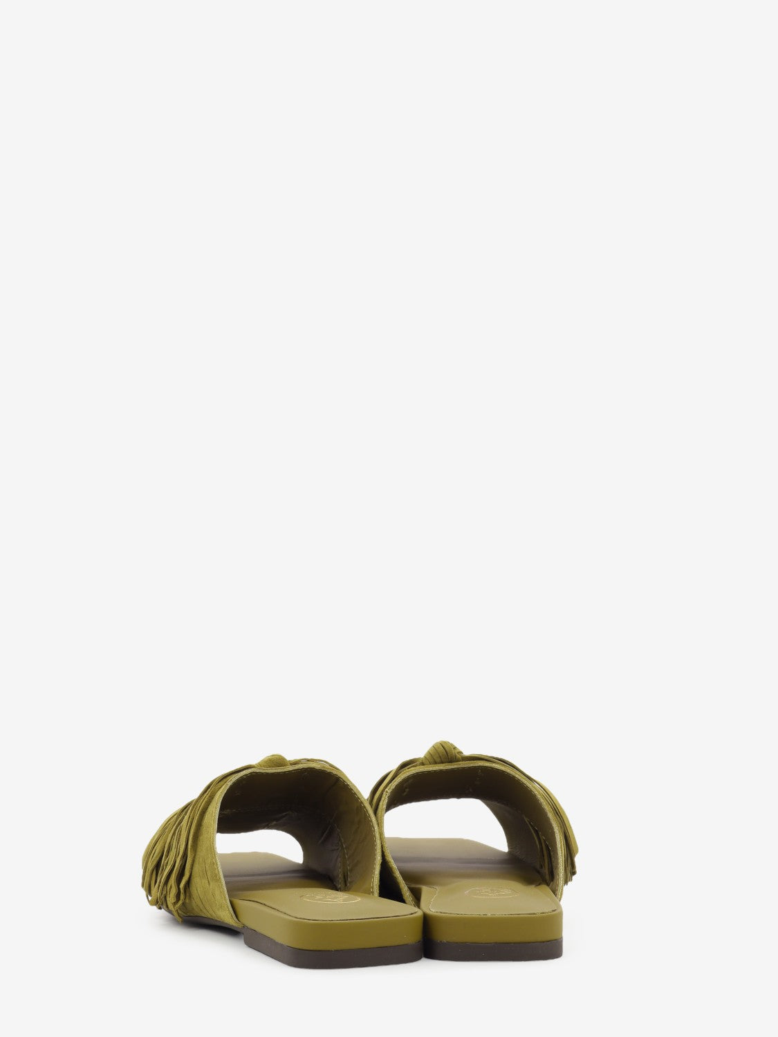 Green suede mule with fringe
