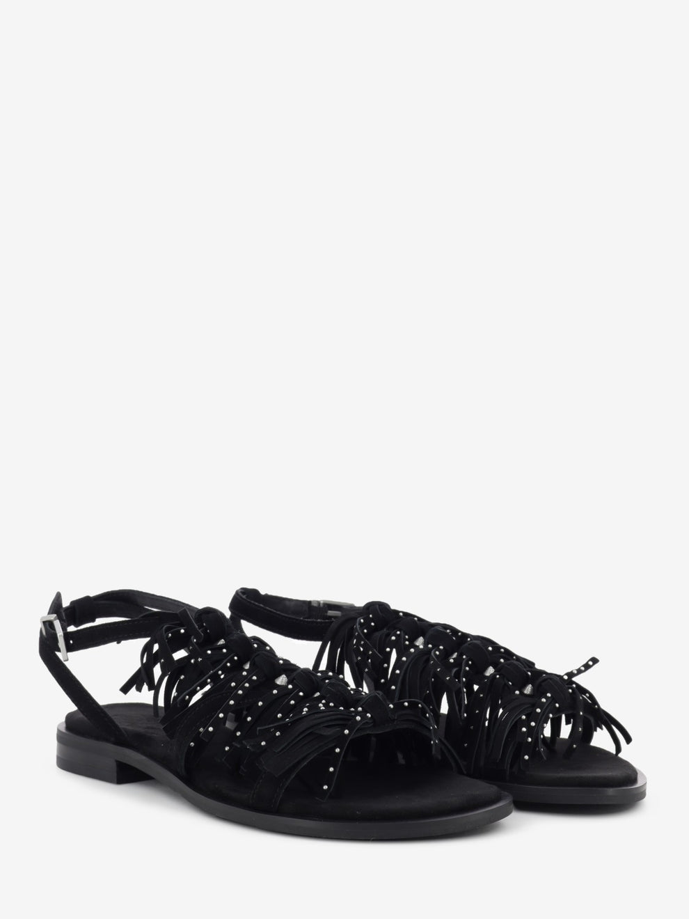Black suede sandals with fringe and studs