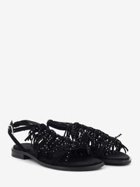 Black suede sandals with fringe and studs