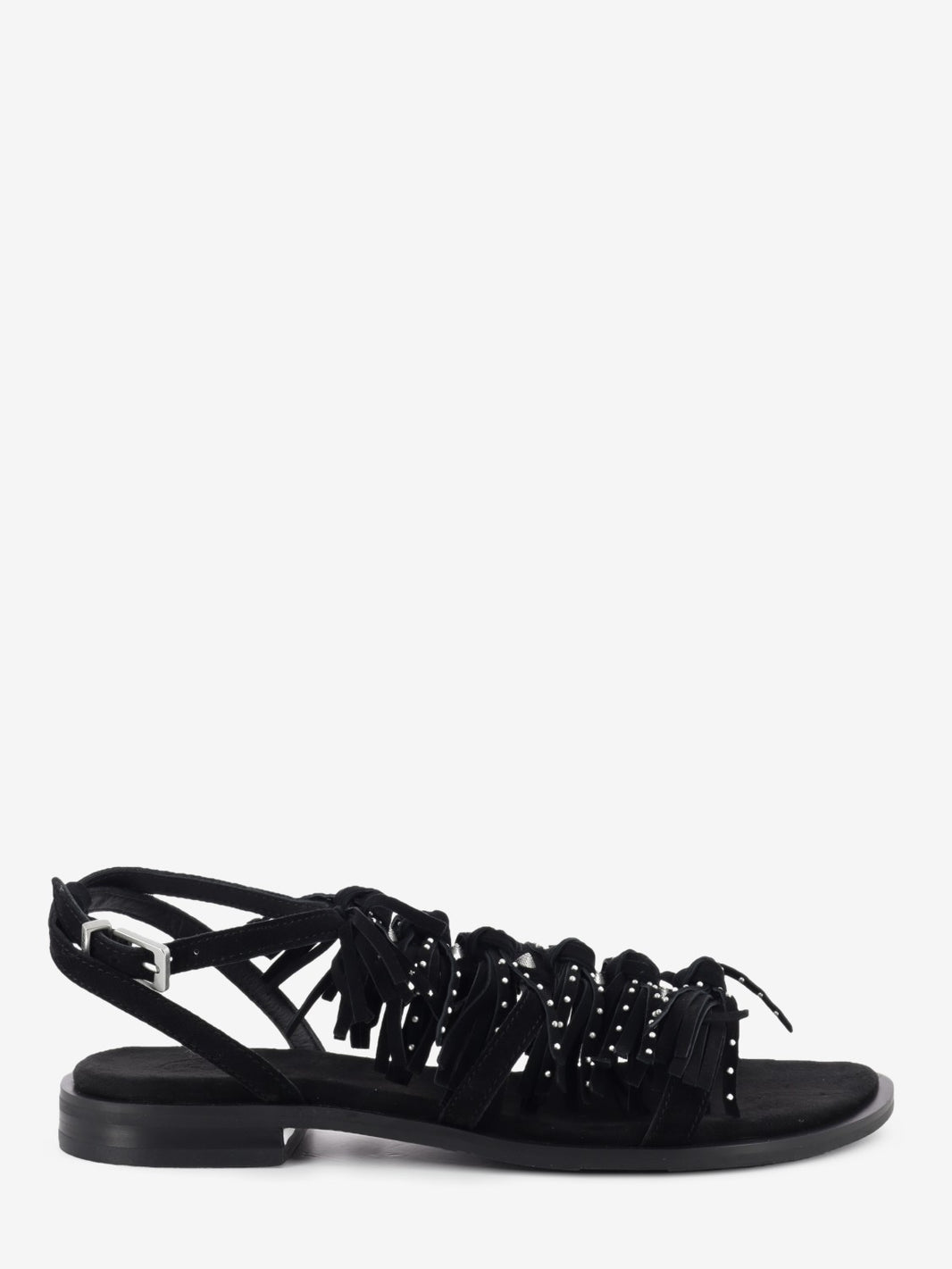 Black suede sandals with fringe and studs
