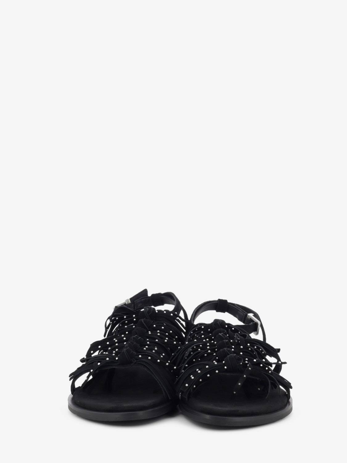 Black suede sandals with fringe and studs