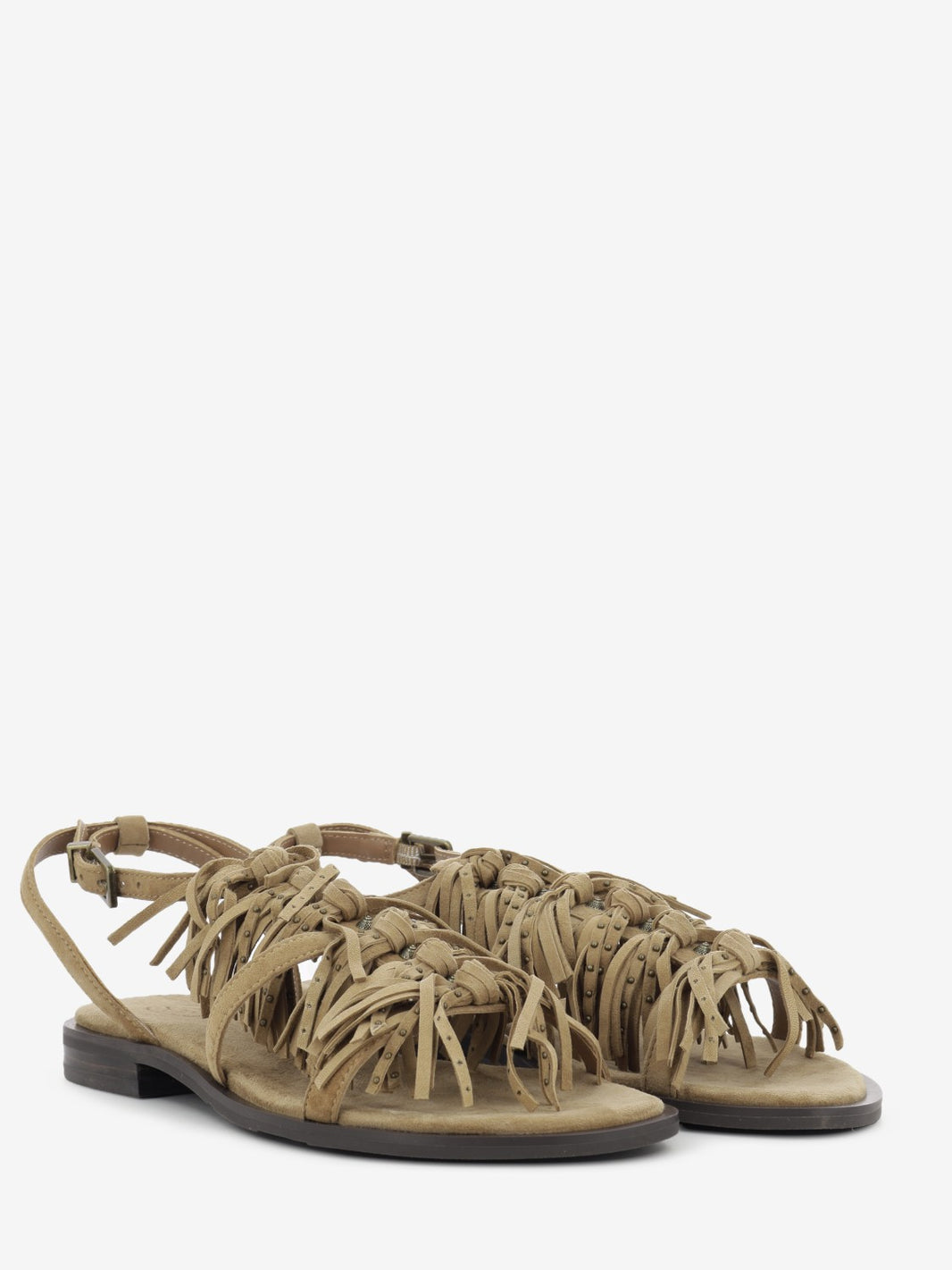 Moka suede sandal with fringes and studs