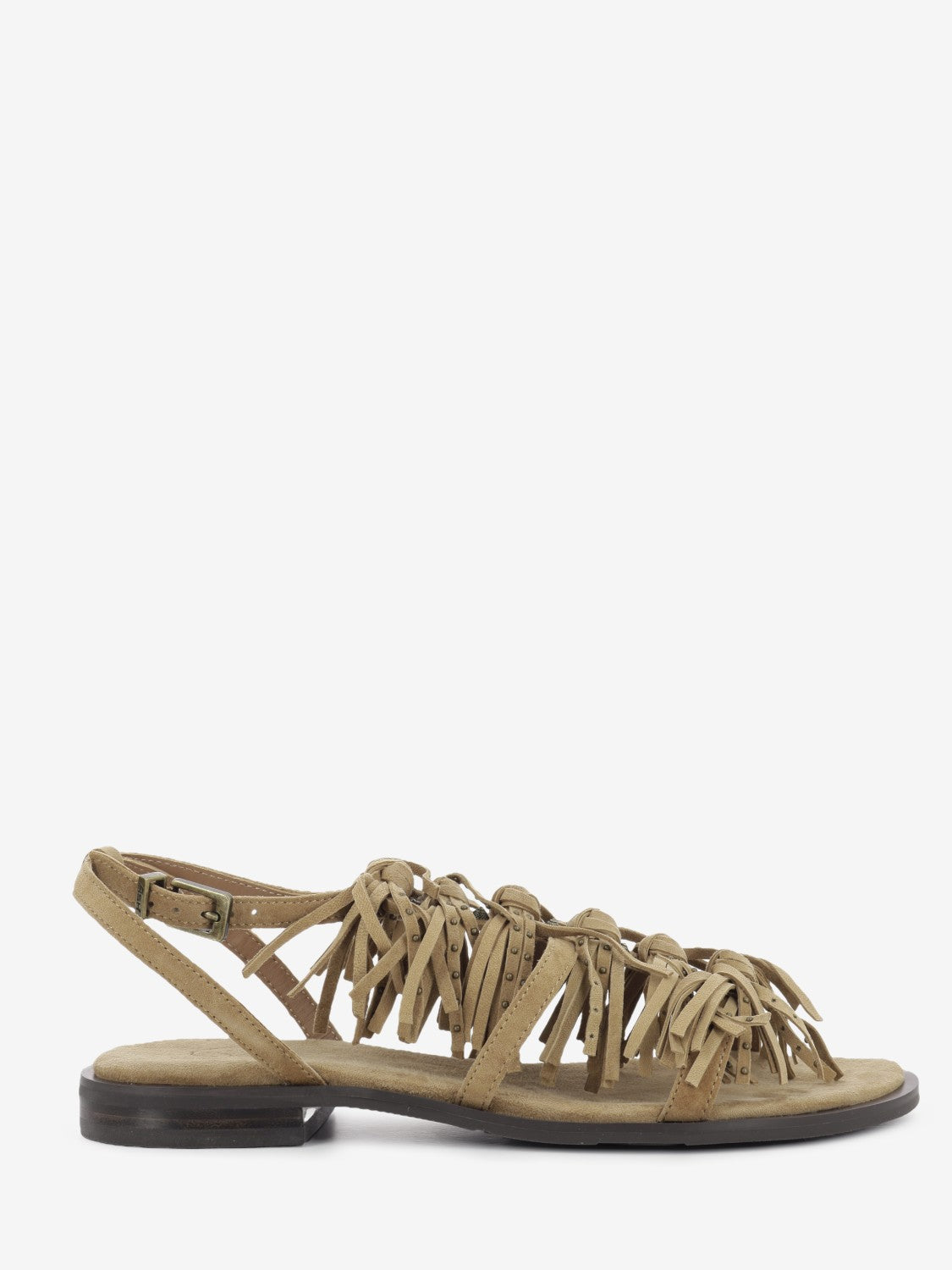 Moka suede sandal with fringes and studs