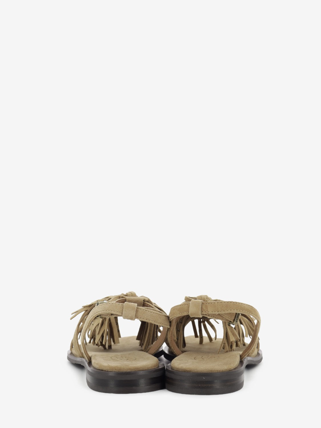 Moka suede sandal with fringes and studs