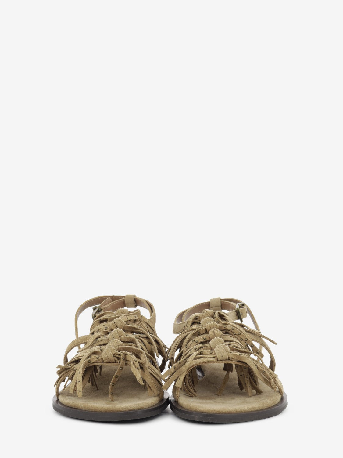 Moka suede sandal with fringes and studs