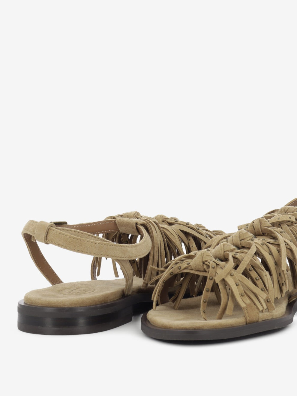 Moka suede sandal with fringes and studs