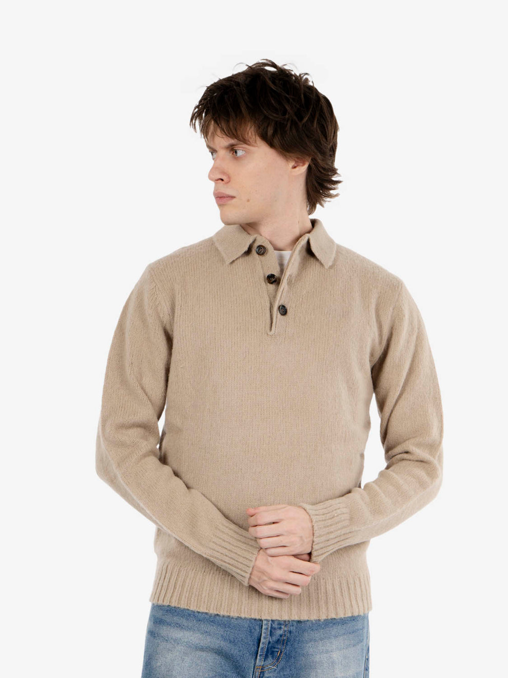 Sand-colored wool sweater with collar and buttons