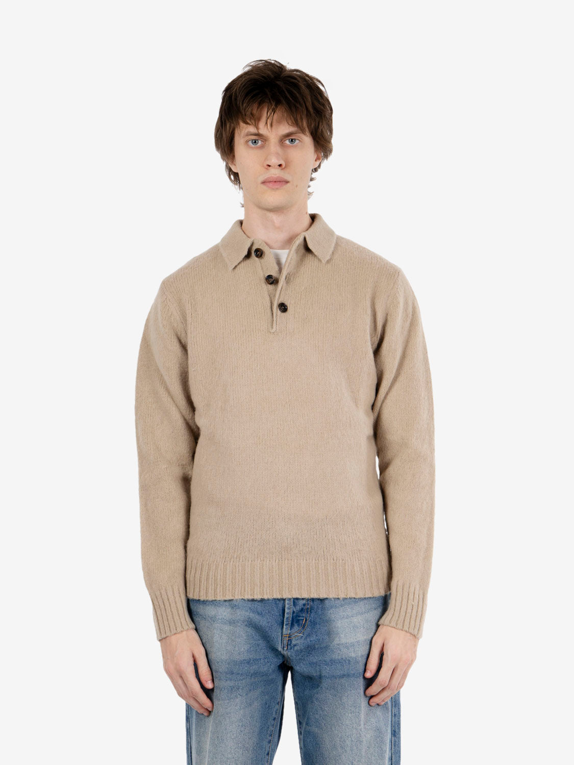 Sand-colored wool sweater with collar and buttons