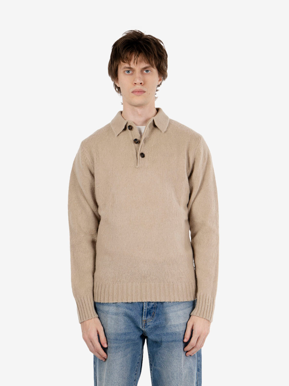 Sand-colored wool sweater with collar and buttons