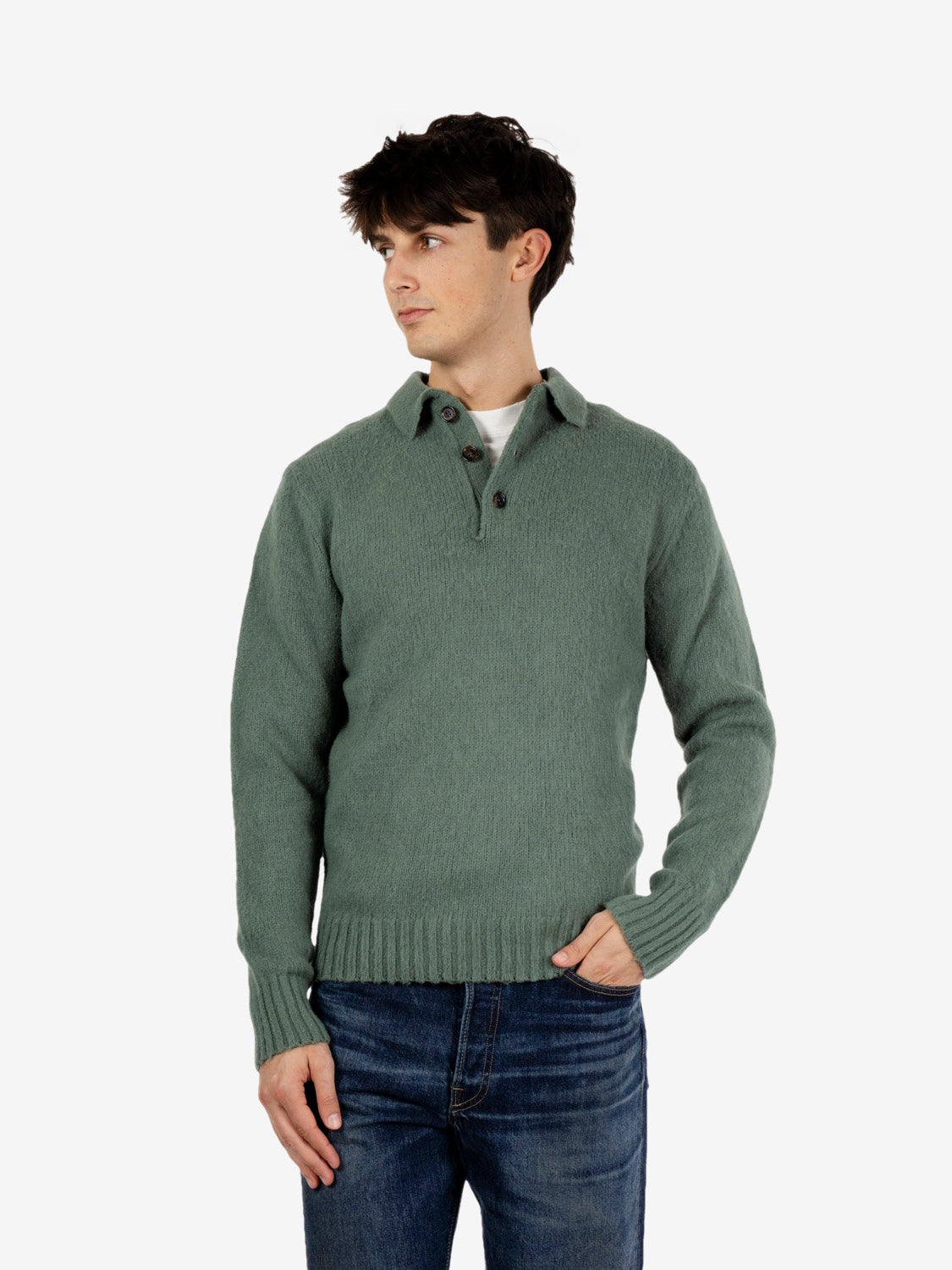 Maglione in lana con colletto e bottoni salvia