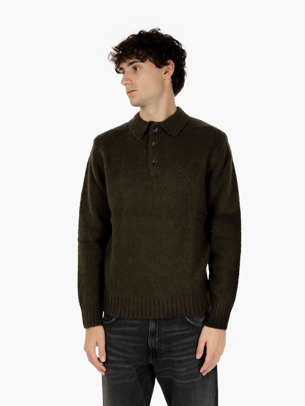 Maglione in lana con colletto reverse e bottoni verde