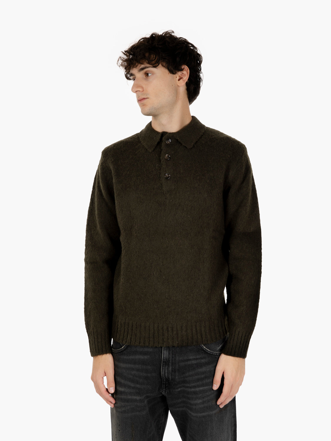 Maglione in lana con colletto reverse e bottoni verde