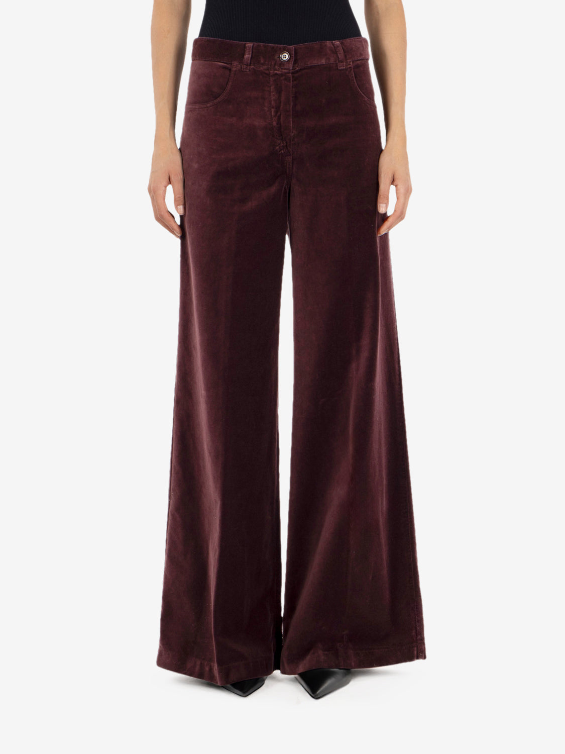 Burgundy velvet flare trousers