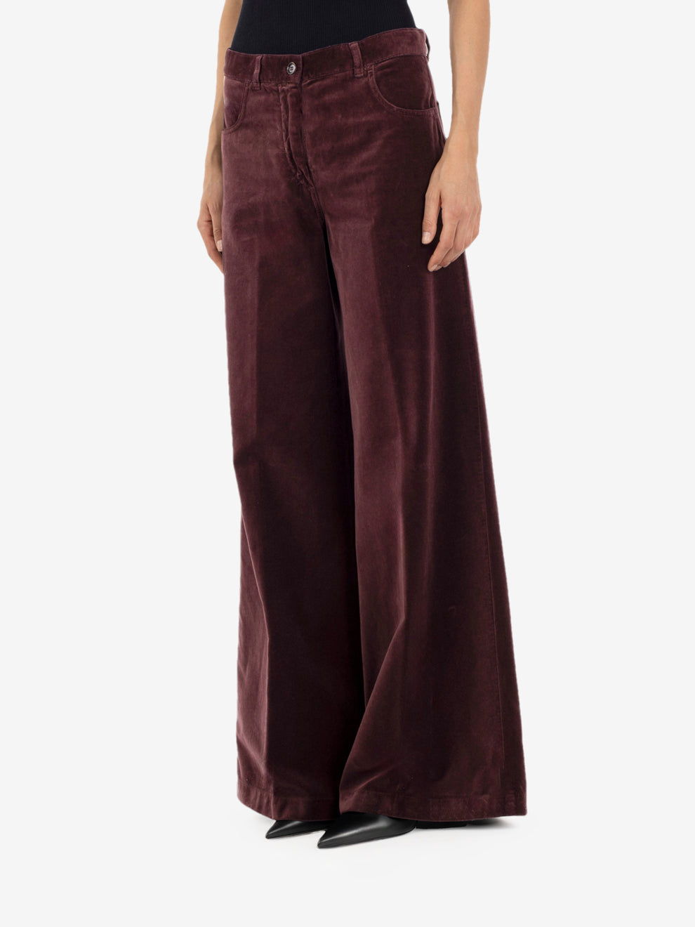 Burgundy velvet flare trousers