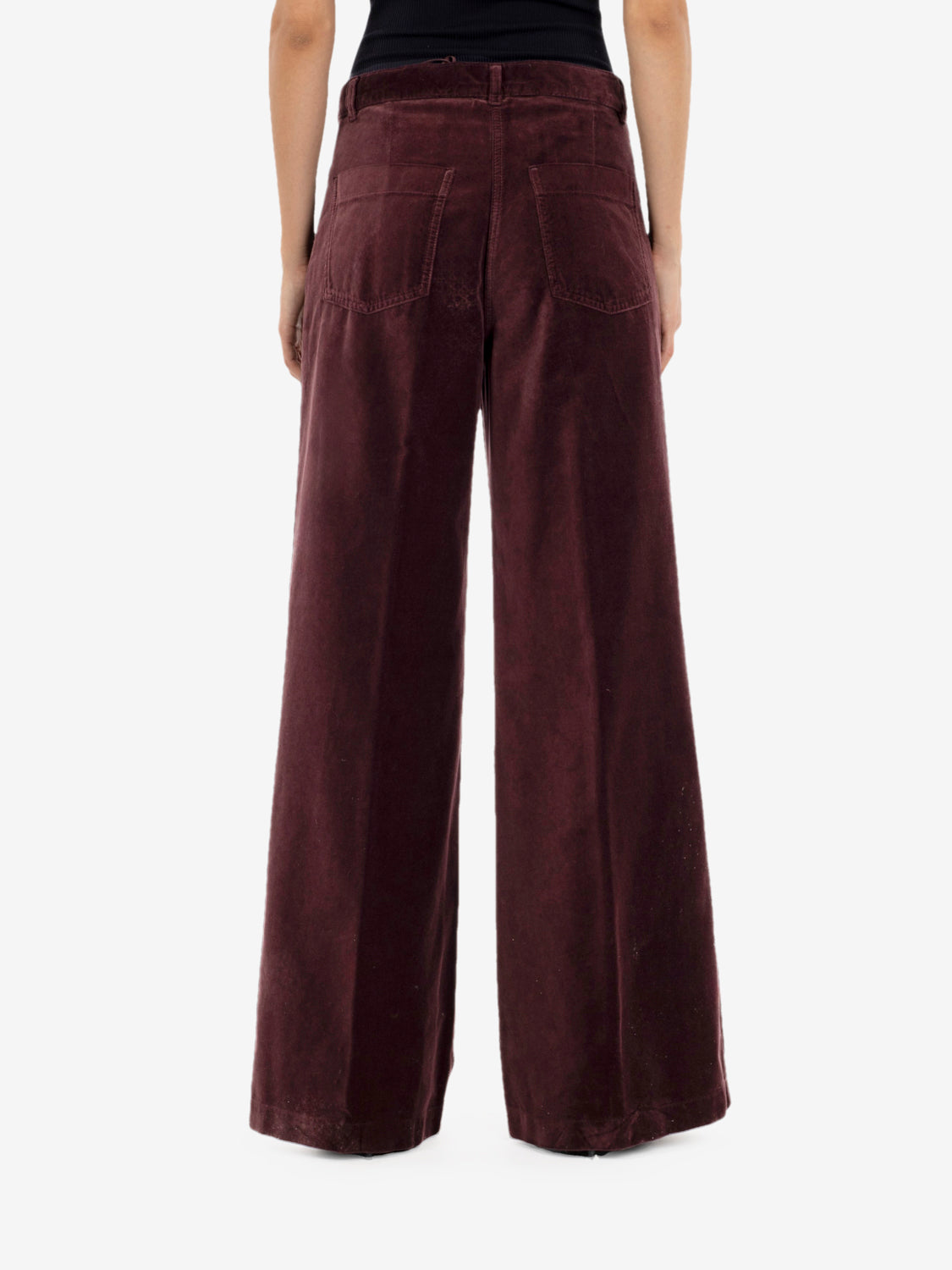 Burgundy velvet flare trousers