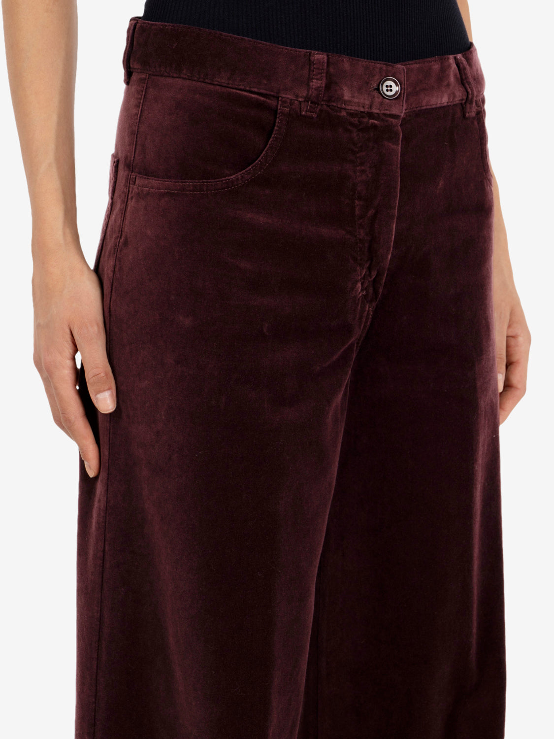 Burgundy velvet flare trousers
