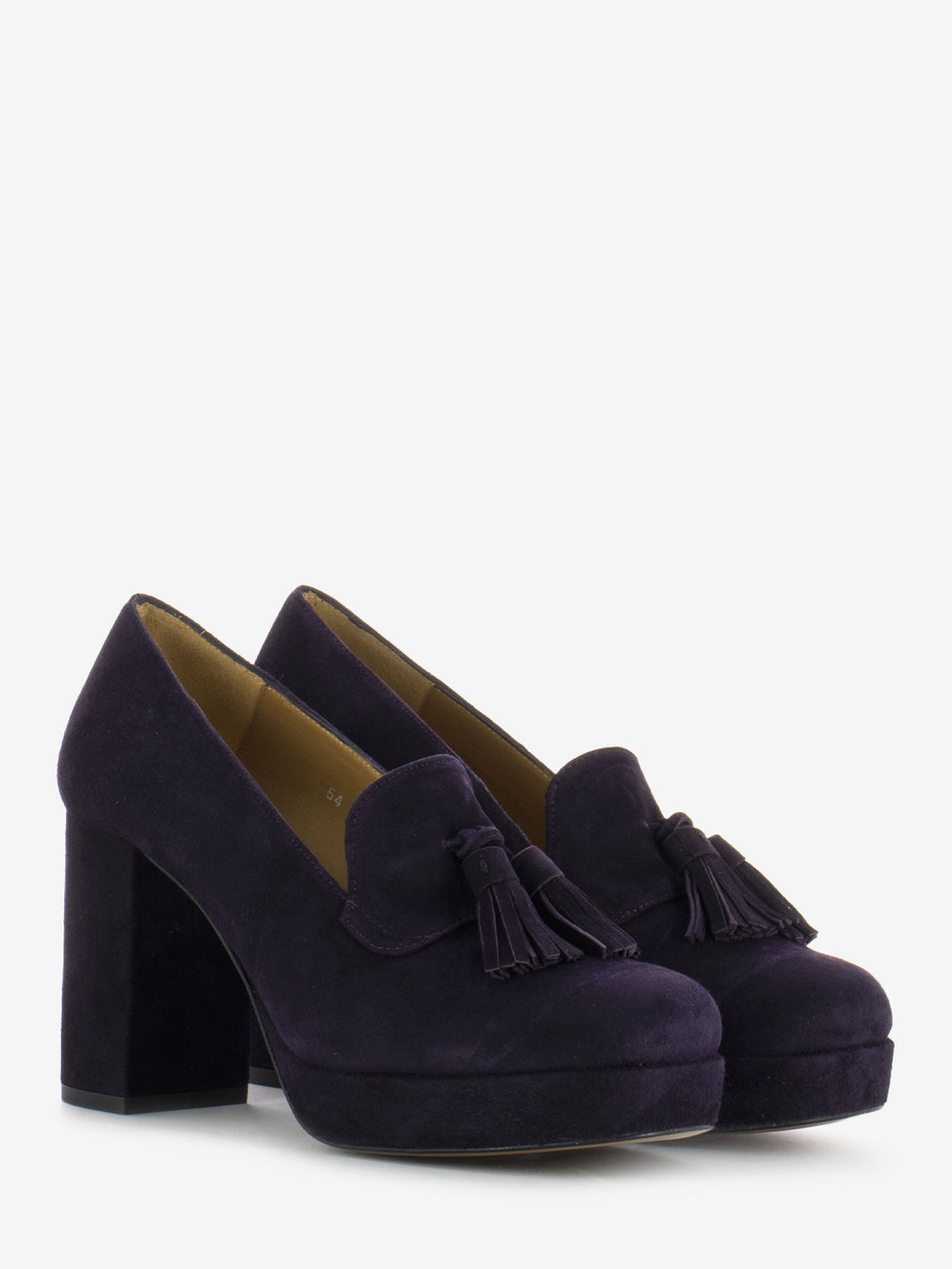 Mocassino con tacco alto in camoscio viola
