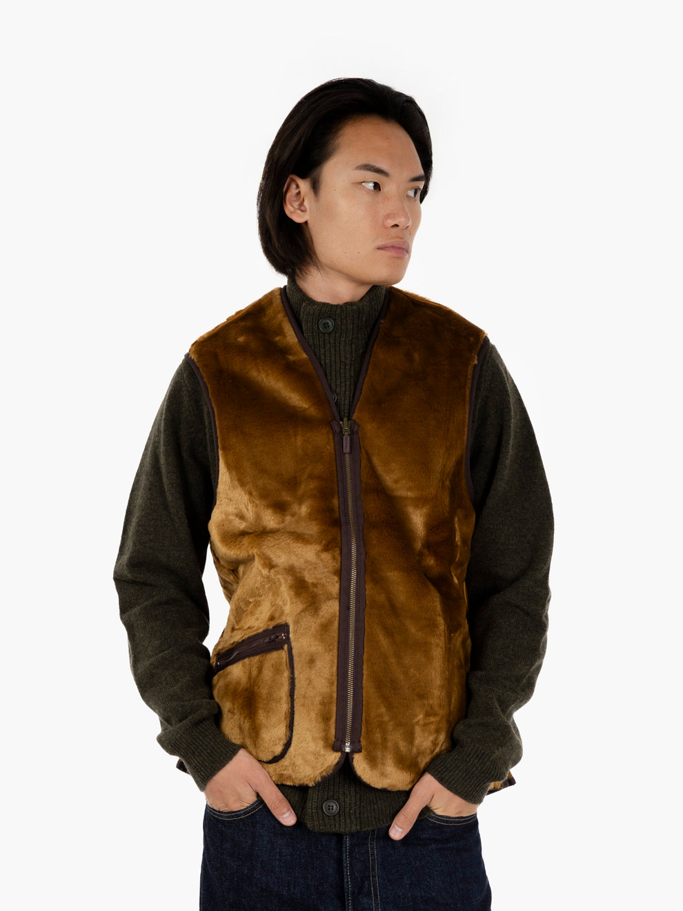 Gilet Warm Pile Waistcoat zip brown